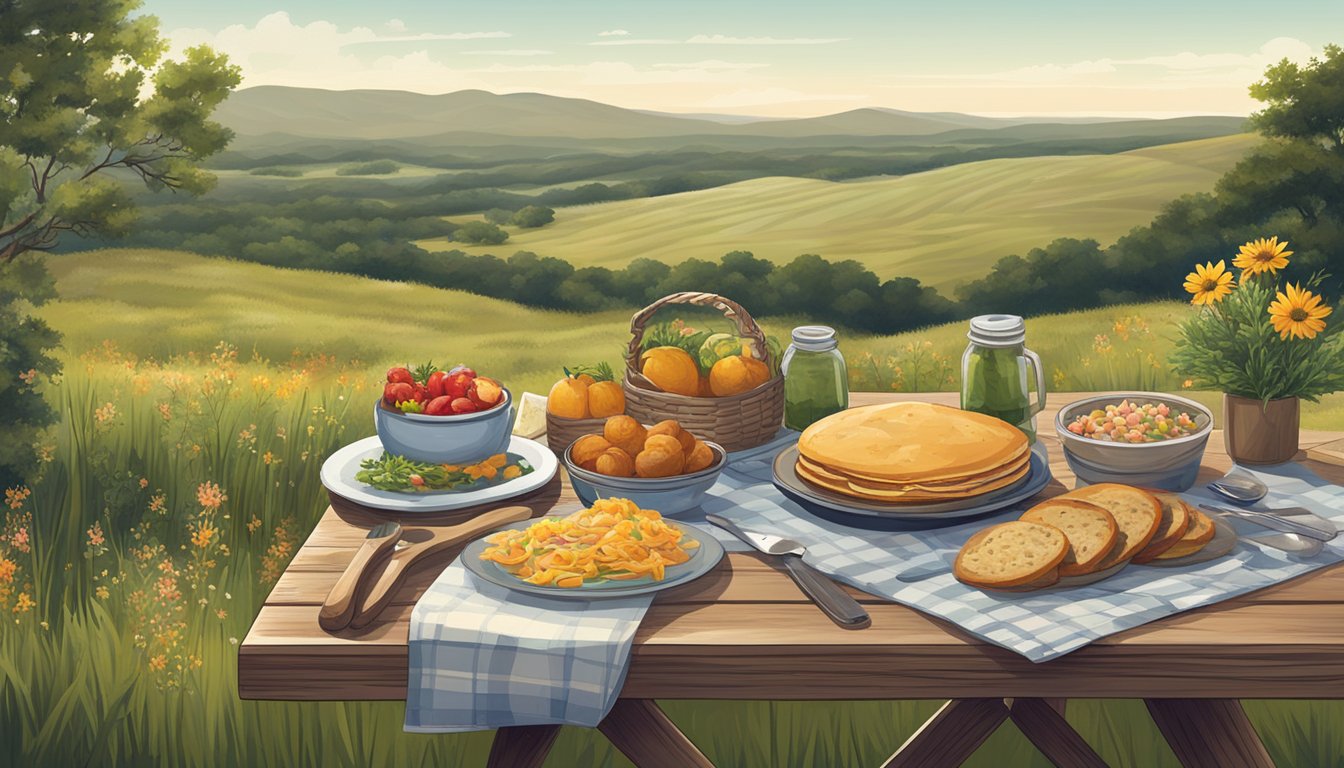 A rustic outdoor picnic table set with local Texas Hill Country cuisine and surrounded by rolling hills and native wildflowers