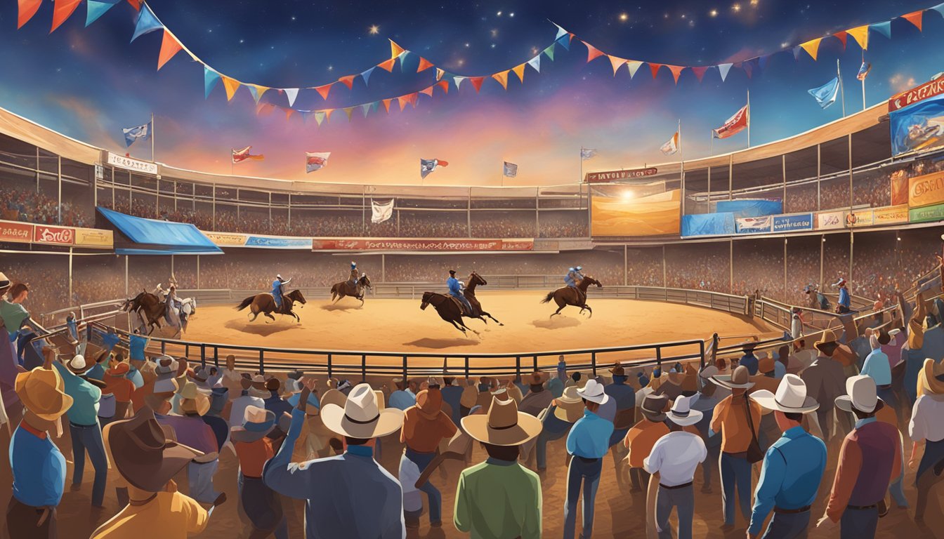 A bustling rodeo arena with cheering spectators, cowboys riding bucking broncos, and colorful banners flying in the Texas sky