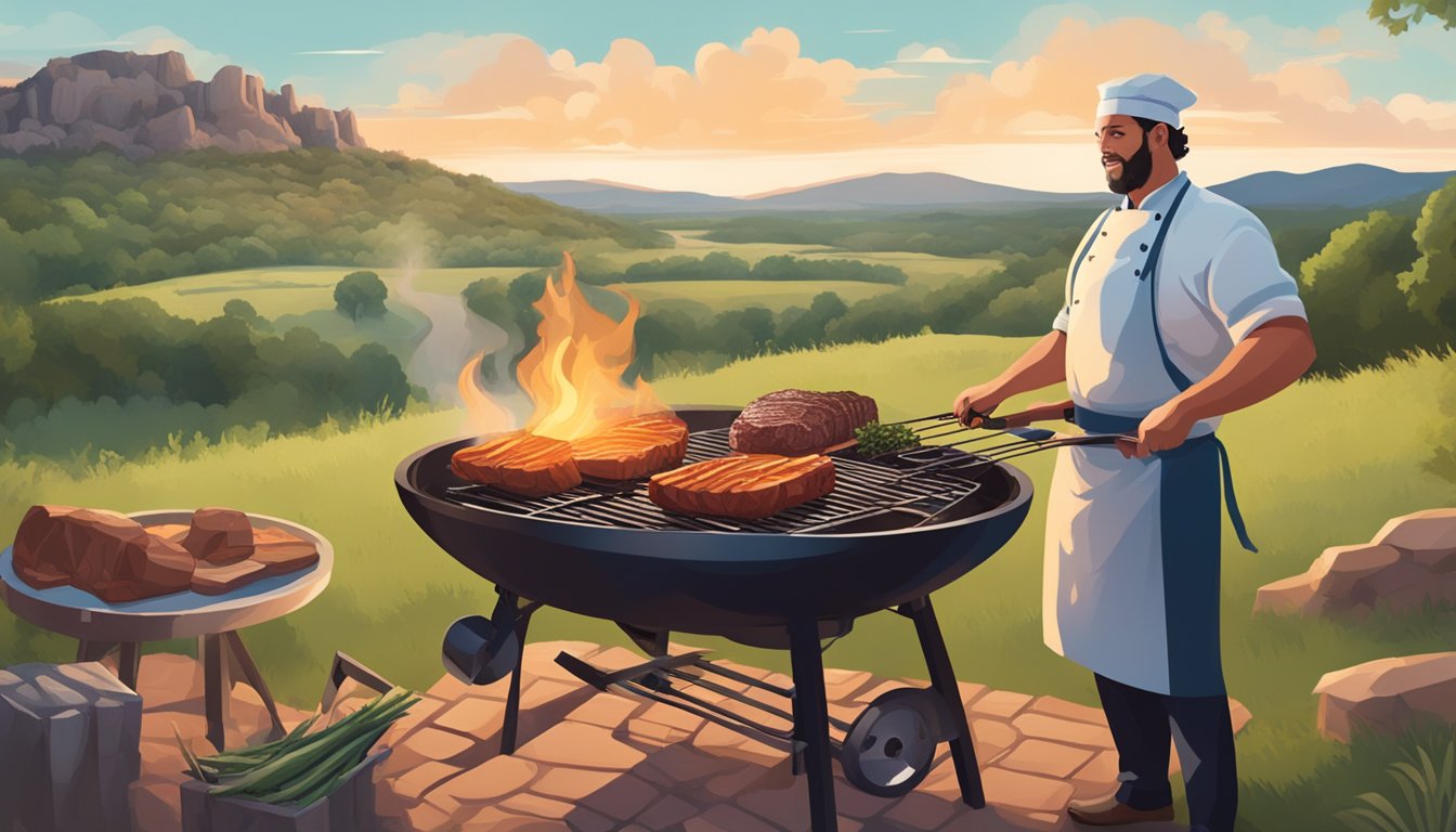 A chef grilling a large cut of meat over an open flame, surrounded by a picturesque Texas hill country landscape