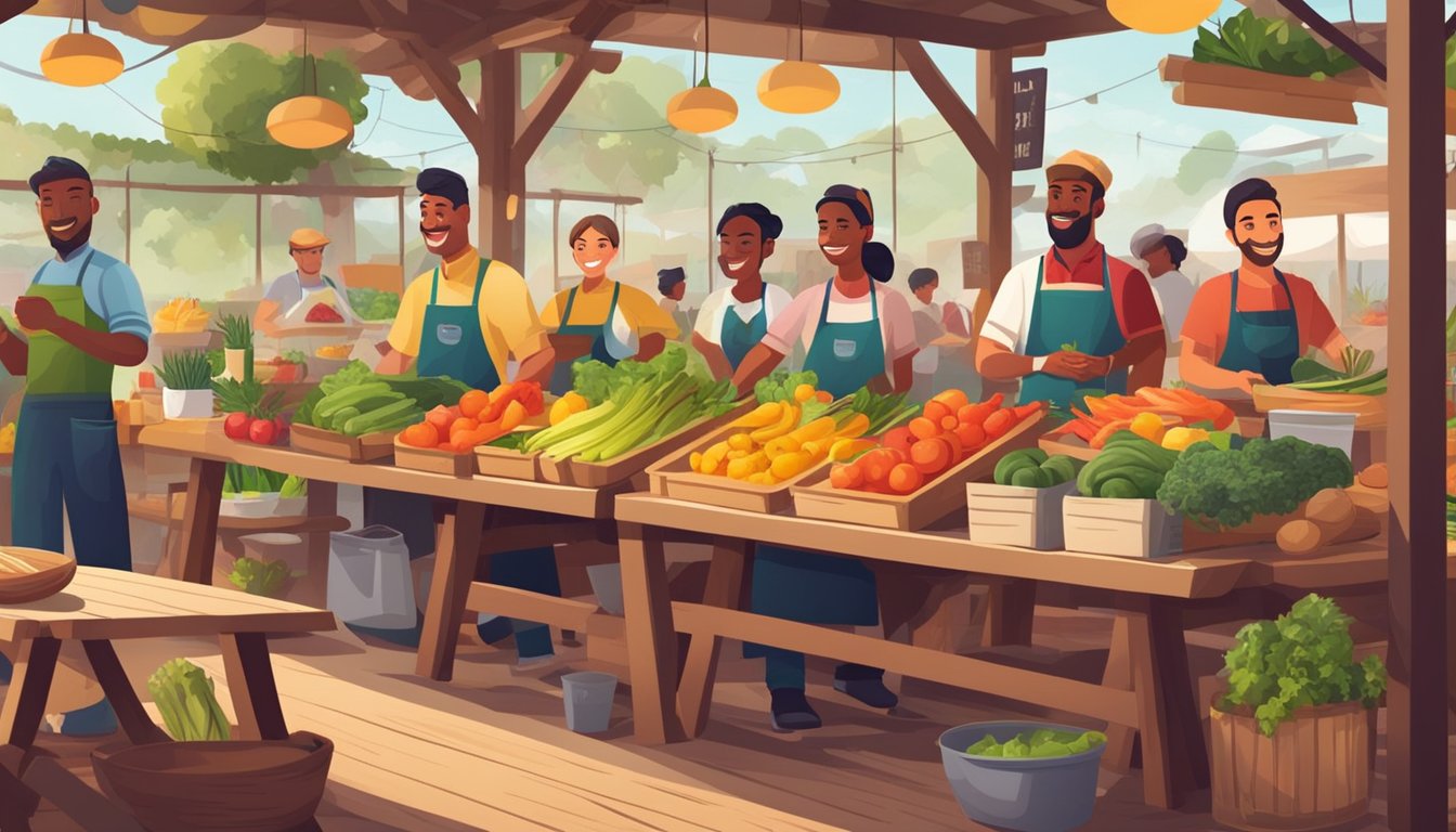 A colorful farmers market with fresh produce and local ingredients displayed on wooden tables, surrounded by smiling chefs sharing cooking tips