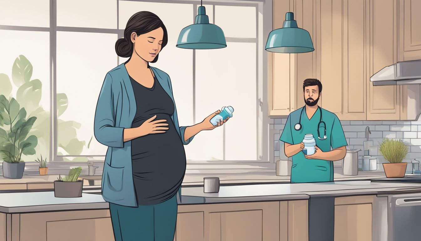 A pregnant woman holding a bottle of activated charcoal, looking uncertain. A doctor is nearby, gesturing in a reassuring manner