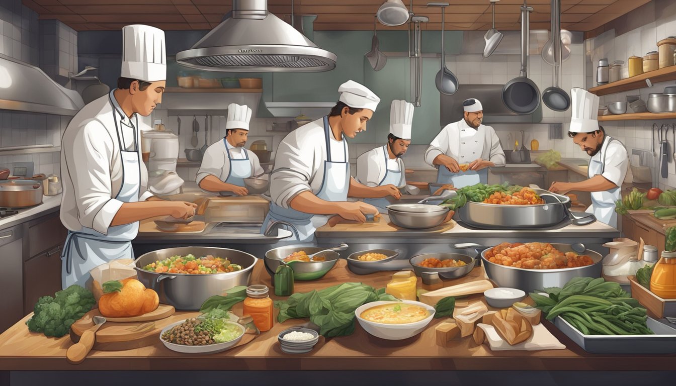 A bustling Texas kitchen with chefs preparing local dishes using various techniques, surrounded by ingredients and cooking utensils