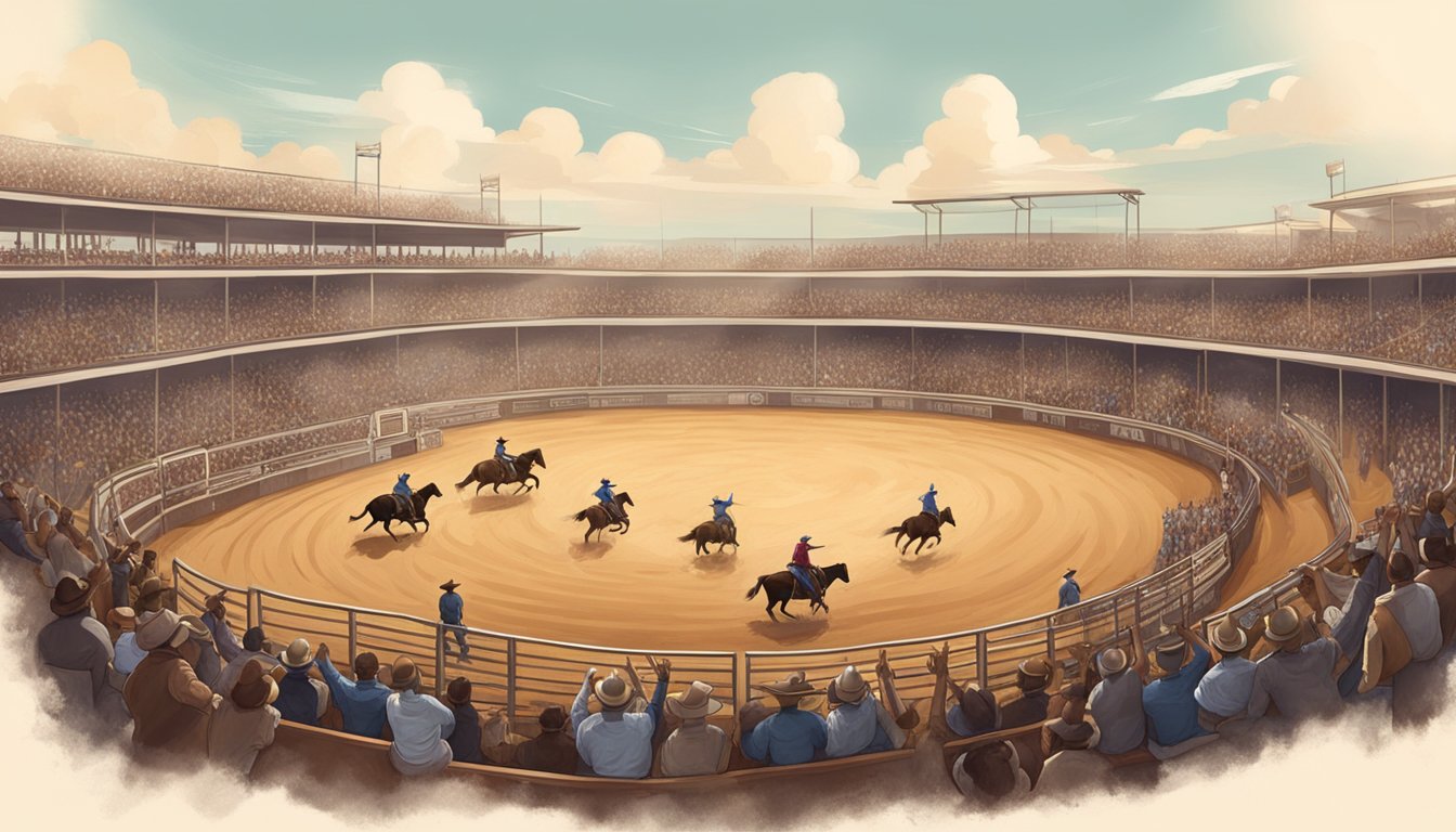 A dusty rodeo arena with cowboys riding bulls, lassos in the air, and cheering spectators in the stands