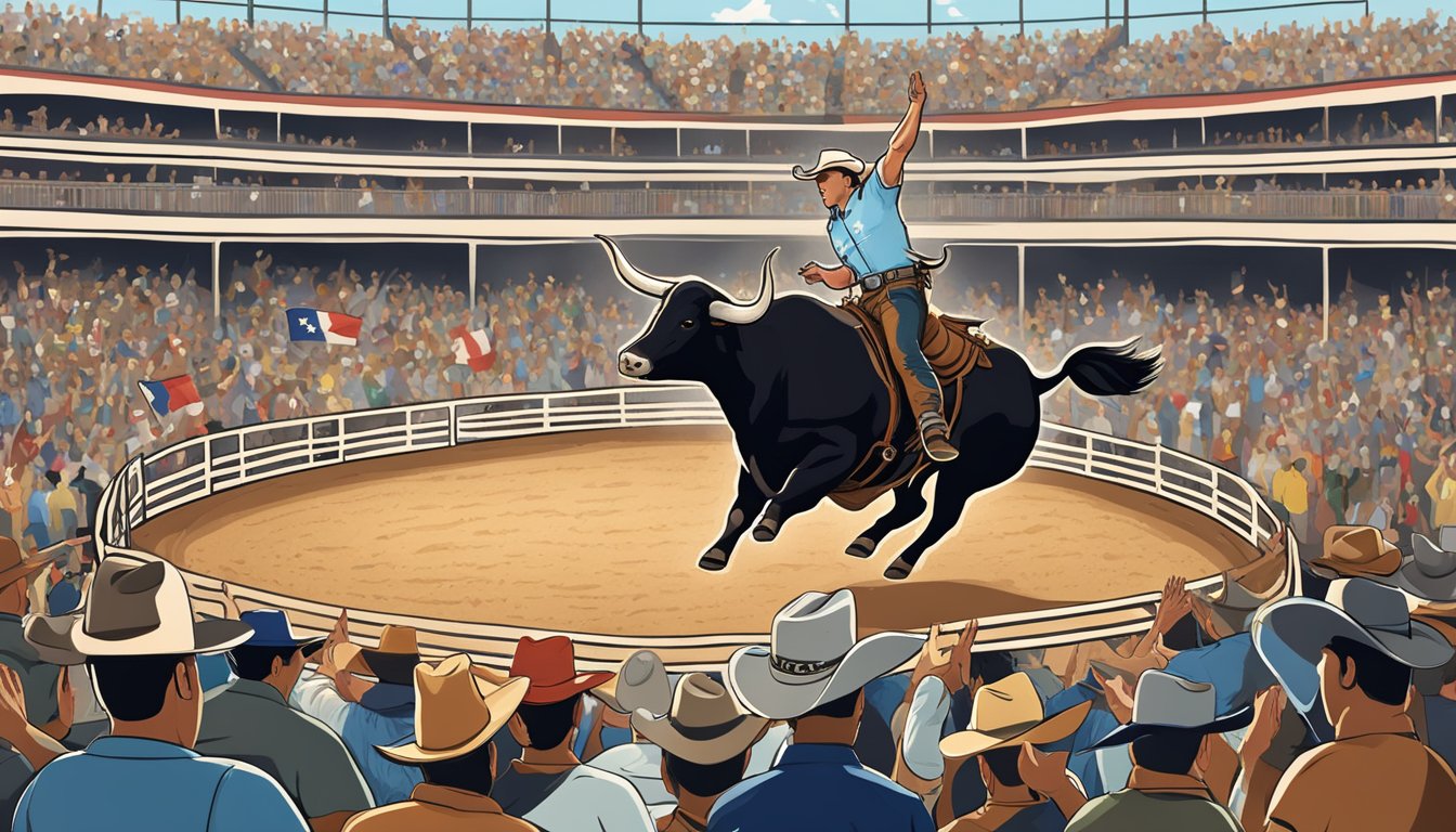 Bull riding at Rodeo Austin: cowboy on bucking bull in rodeo arena with cheering crowd and Texas flag