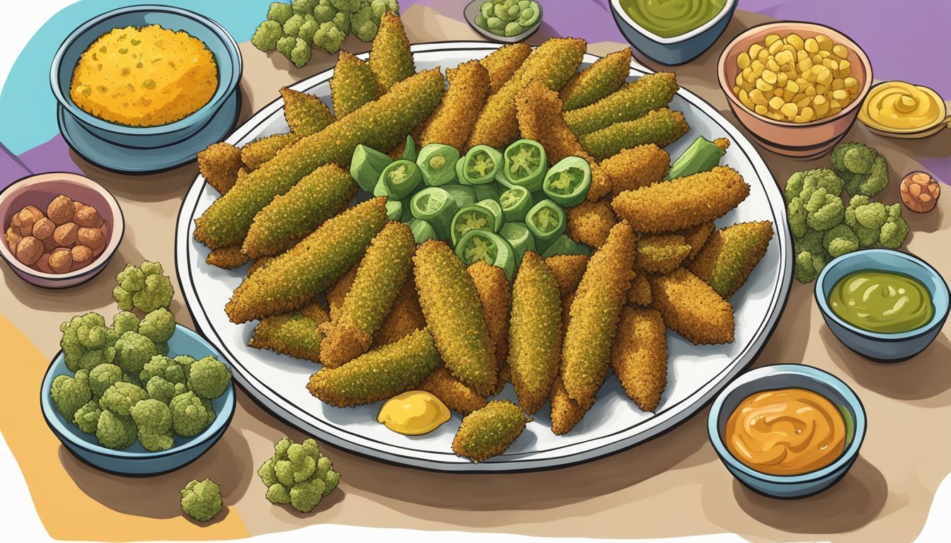 A plate of golden fried okra surrounded by a colorful array of other Texas Panhandle culinary delights