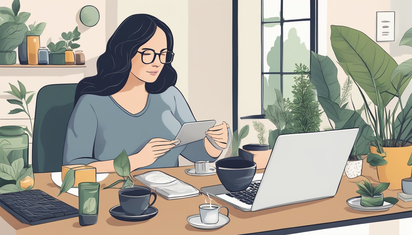 A pregnant woman researching activated charcoal on her laptop, surrounded by herbal supplements and a cup of tea