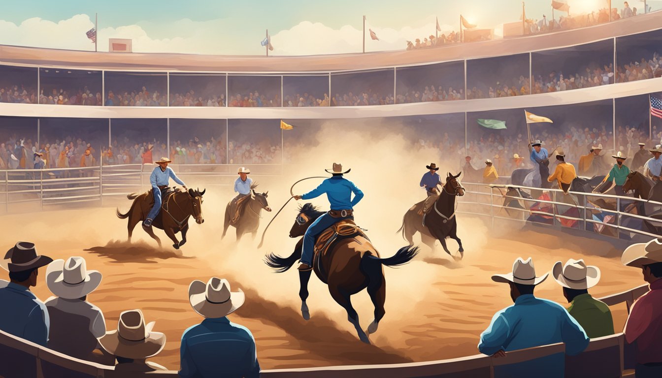 Cowboys riding bulls and broncos in a dusty rodeo arena, surrounded by cheering spectators and colorful banners