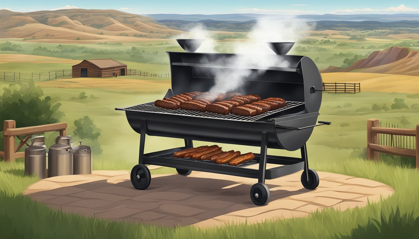 A smoky, Texas barbecue pit with sizzling beef brisket, surrounded by the rolling hills of the Texas Panhandle