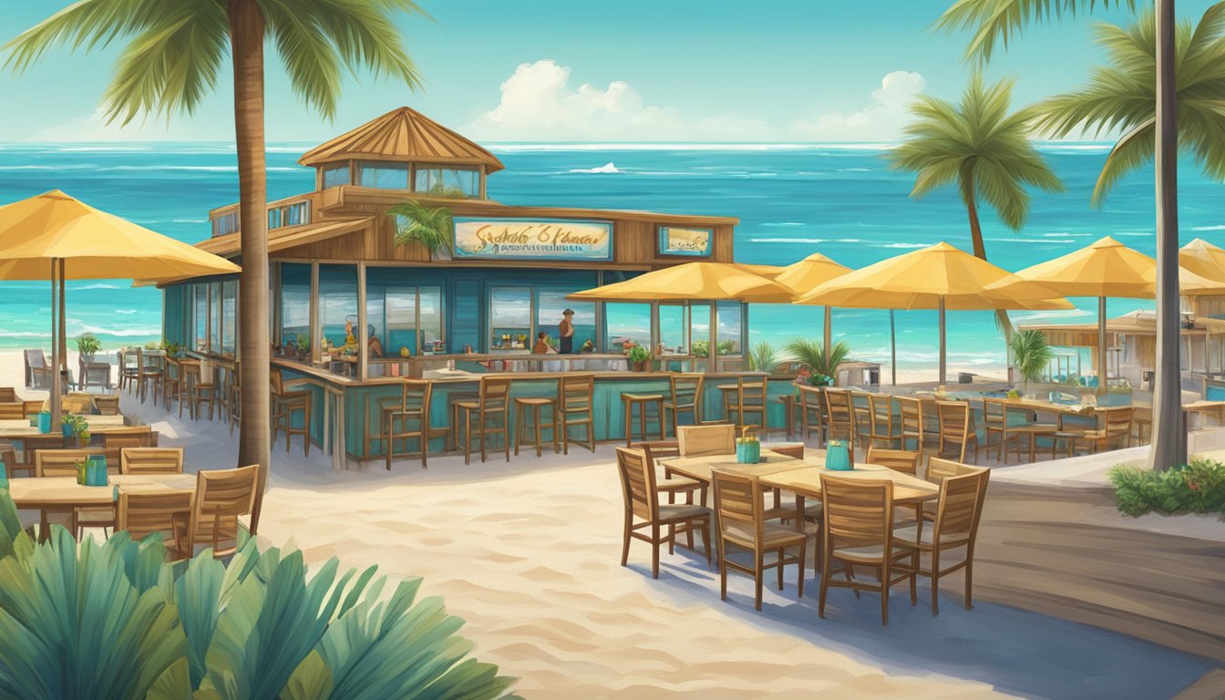 A beachfront restaurant on South Padre Island with palm trees, sandy shores, and turquoise waters, creating a tropical summer feel