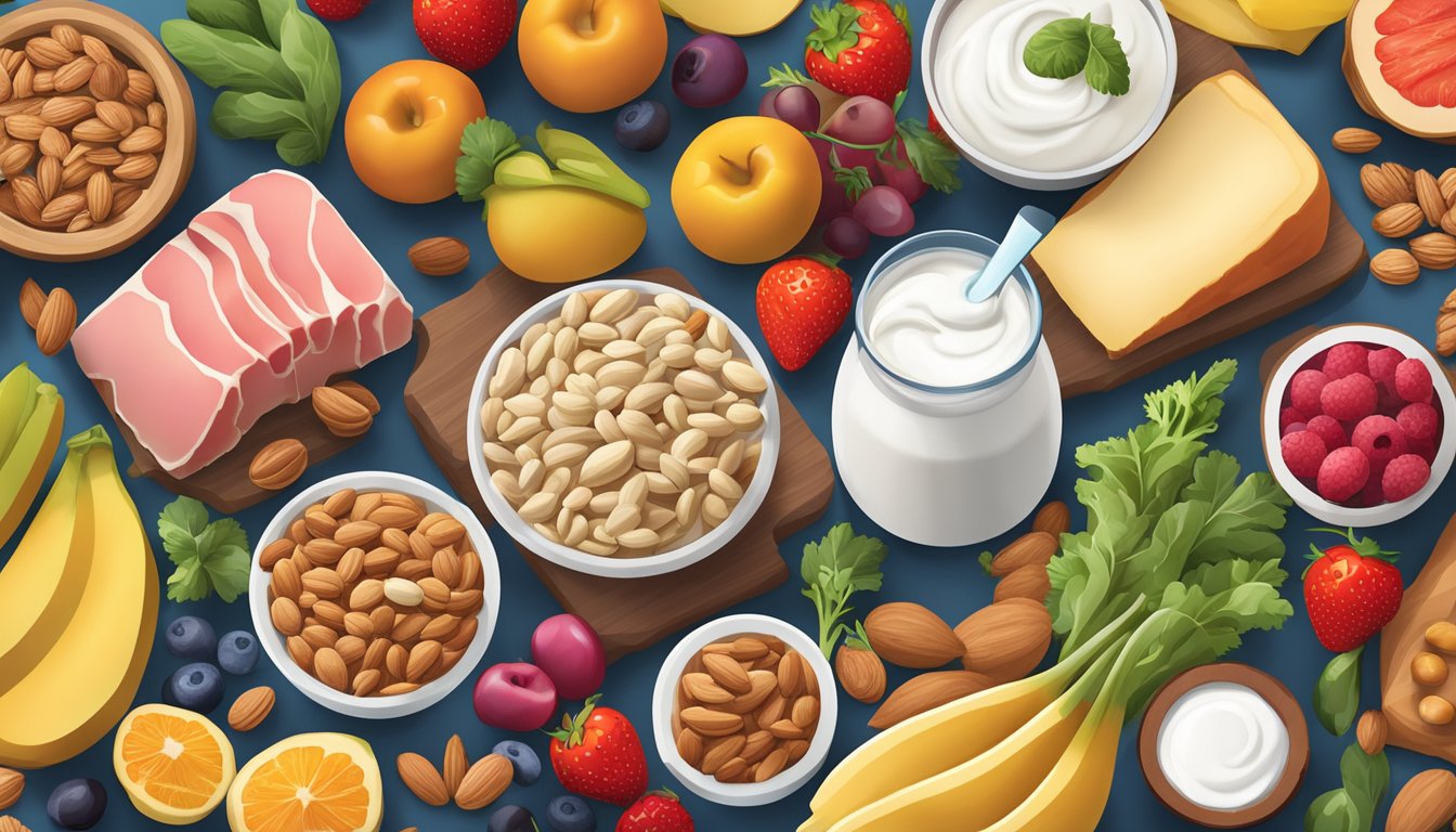 A variety of protein-rich foods displayed on a table, including nuts, seeds, yogurt, and lean meats, surrounded by colorful fruits and vegetables