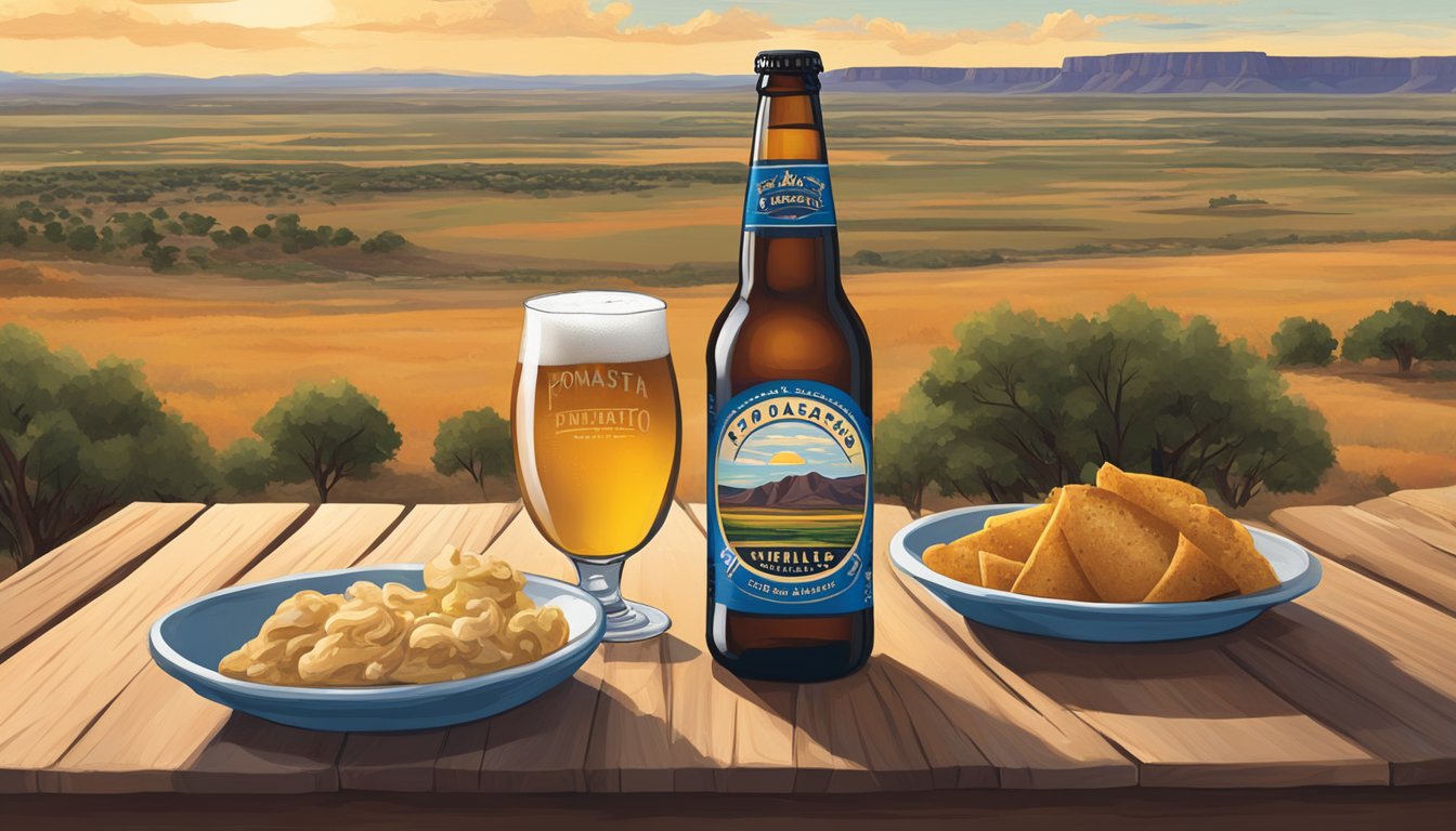 A rustic wooden table set against a backdrop of the Texas Panhandle landscape, featuring a cold glass of Palo Duro Cream Ale from Pondaseta Brewing Co. surrounded by local culinary delights