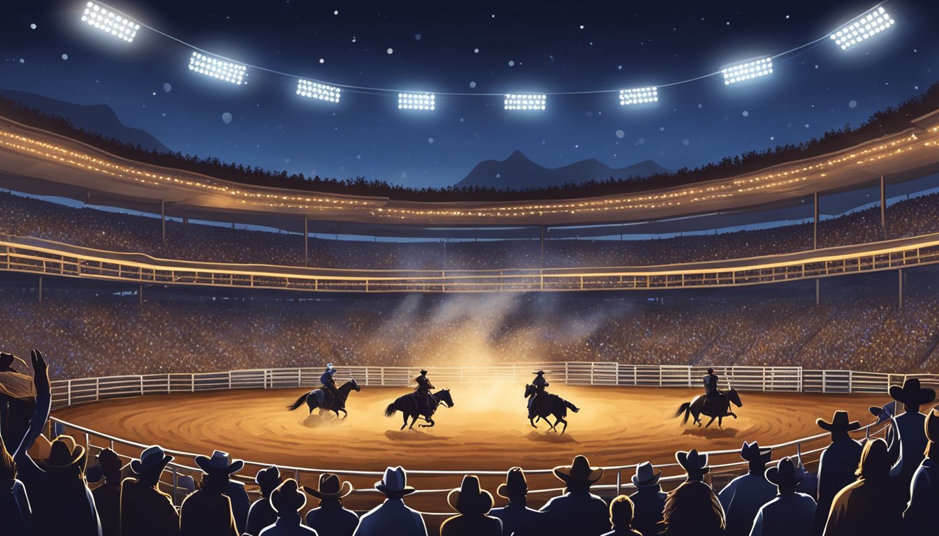 A lively rodeo arena with cheering crowds, bucking broncos, and daring cowboys in action under the bright Texas night sky