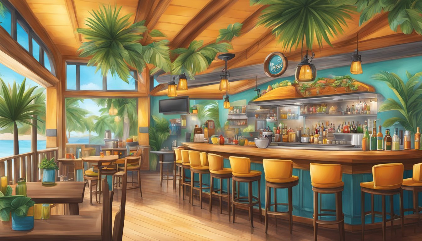 A lively bar and grill with a tropical summer vibe, featuring Texas-themed decor and a vibrant atmosphere