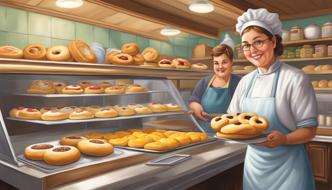 A quaint Texas Panhandle bakery displays an array of Czech kolaches, with the Kolache Lady serving customers amidst the culinary delights