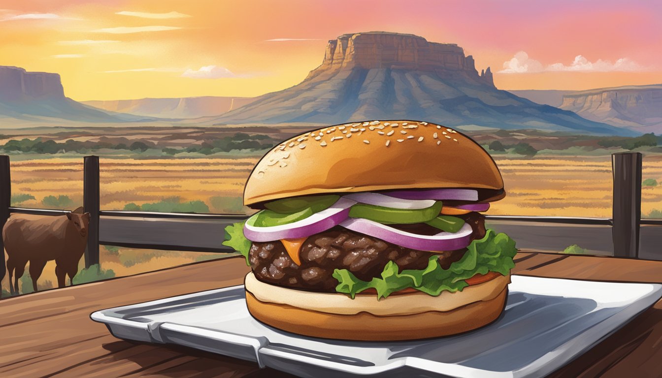 A juicy bison burger sizzling on a grill at Coyote Bluff Cafe, with the iconic Texas panhandle landscape in the background