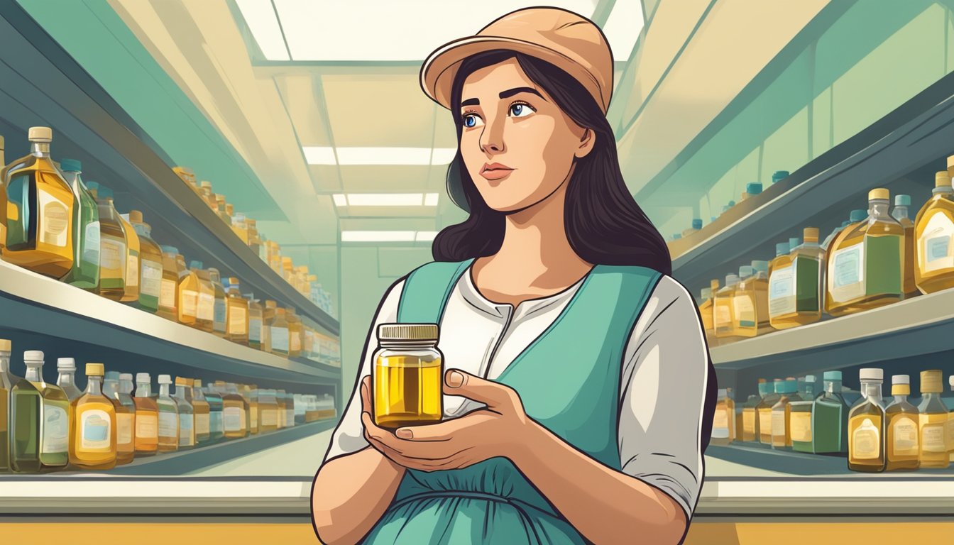 A pregnant woman holding a bottle of cod liver oil, looking at it with a questioning expression