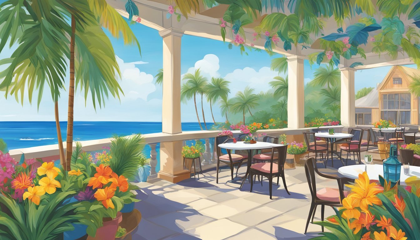 A colorful outdoor patio at Rockport's Boiling Pot, with palm trees, tropical flowers, and a view of the ocean