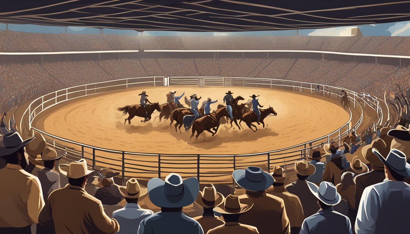 A dusty rodeo arena with cheering crowds, bucking bulls, and skilled cowboys riding broncos, showcasing the cultural significance of Texas rodeos