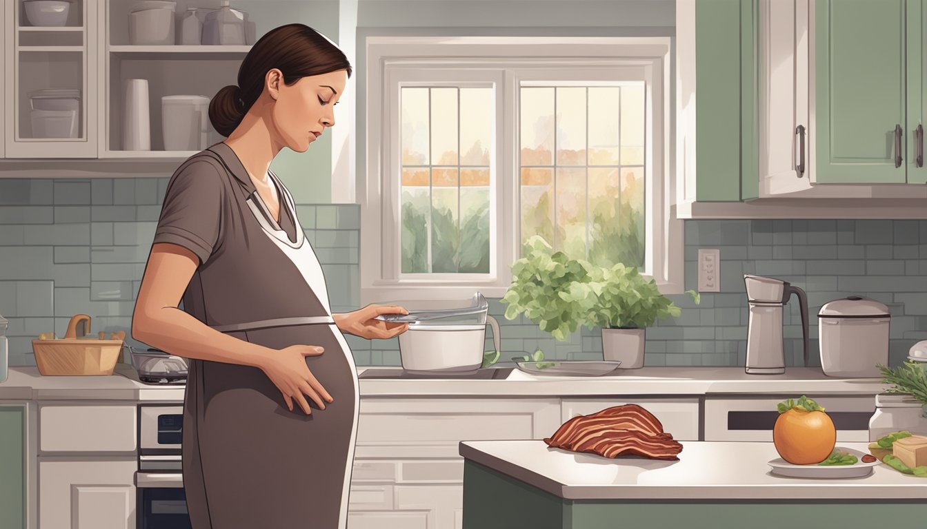 A pregnant woman standing in a kitchen, looking at a package of bacon with a concerned expression on her face