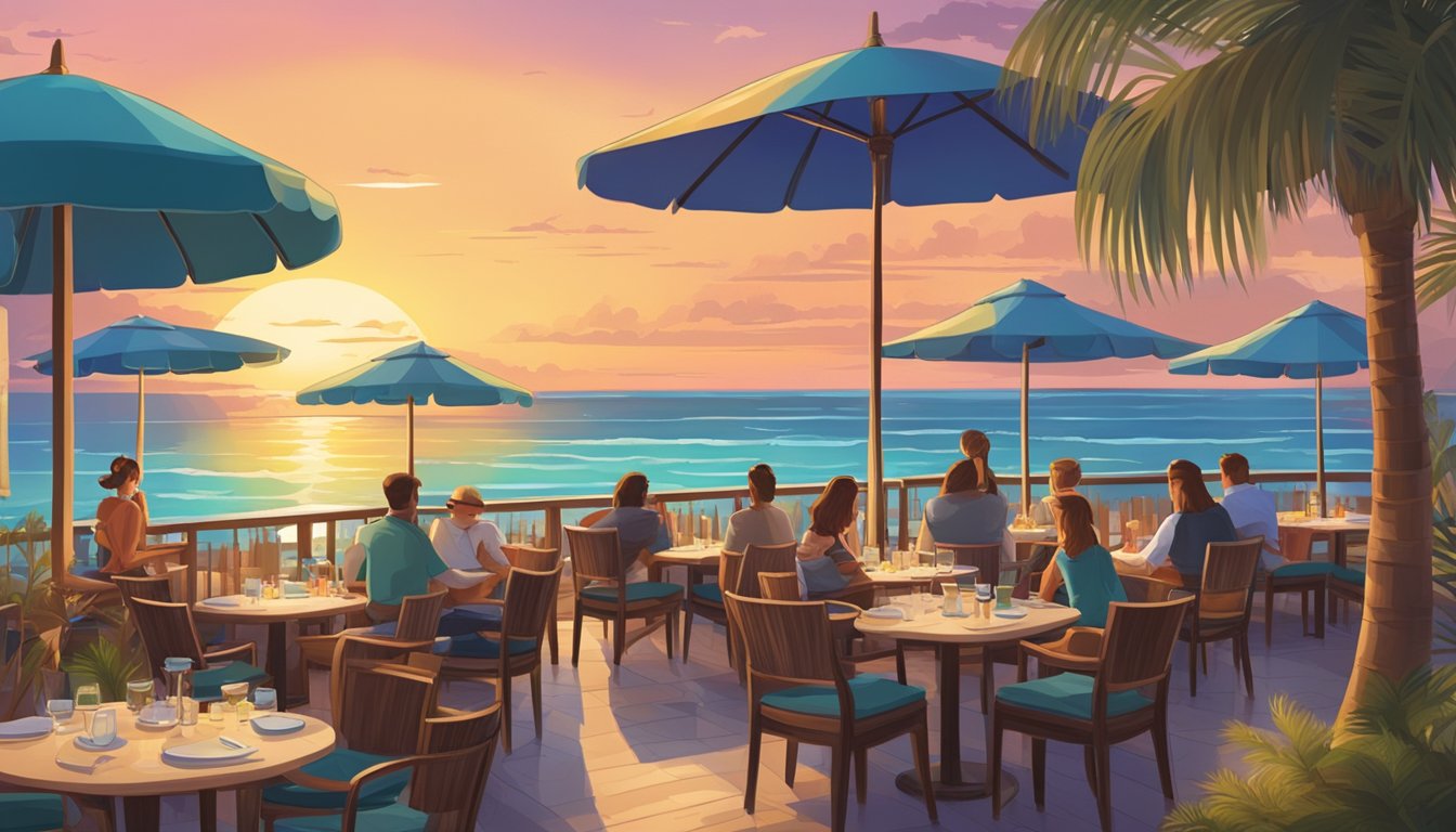 A beachfront restaurant with palm trees, colorful umbrellas, and outdoor seating overlooking the ocean at sunset