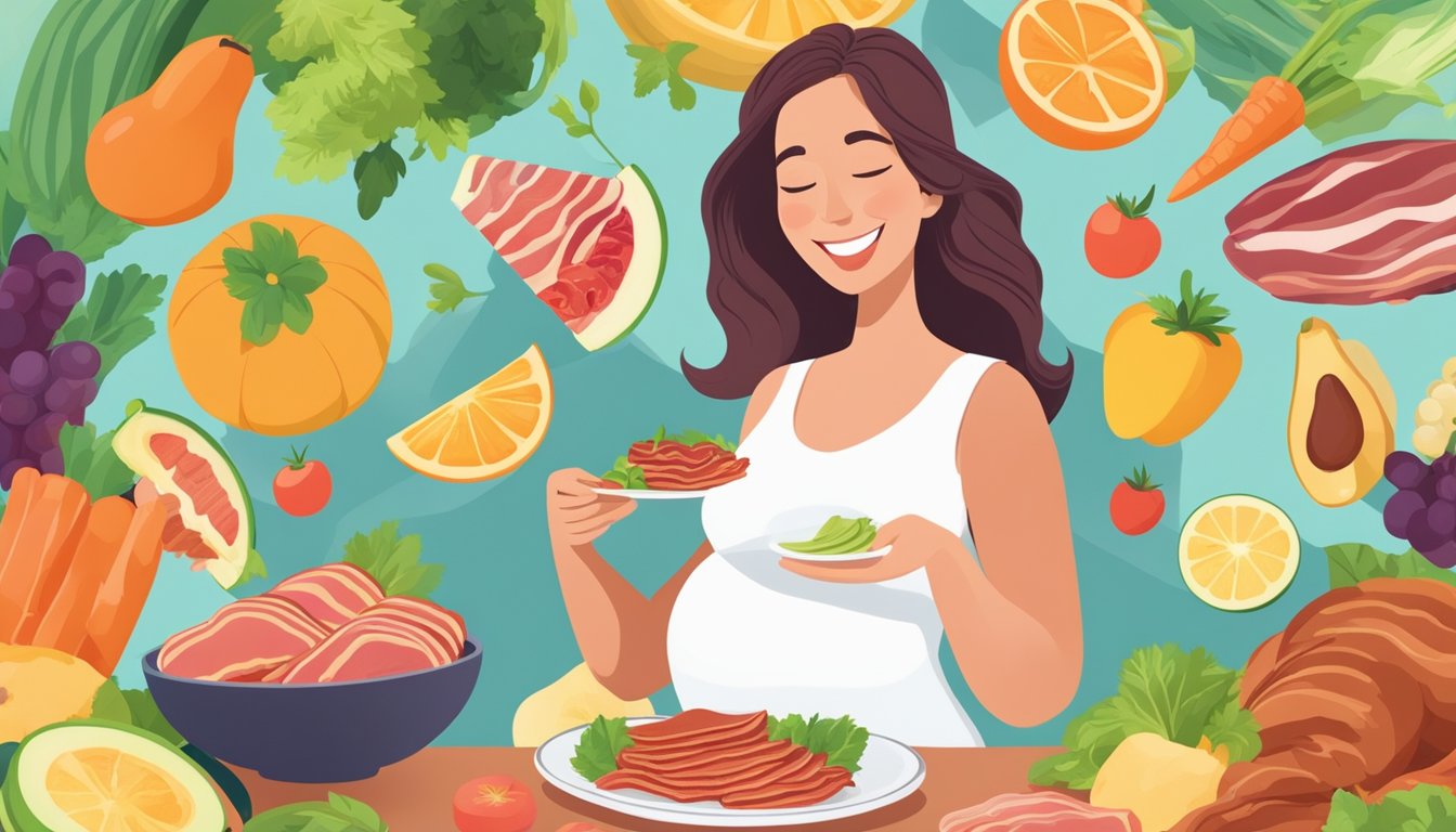 A pregnant woman happily eats a plate of alternative bacon made from plant-based or turkey bacon, surrounded by colorful fruits and vegetables