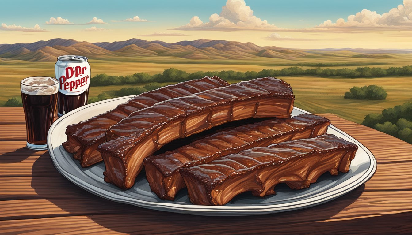 A platter of Dr. Pepper BBQ Ribs sits on a rustic wooden table, surrounded by the rolling hills and open skies of the Texas panhandle