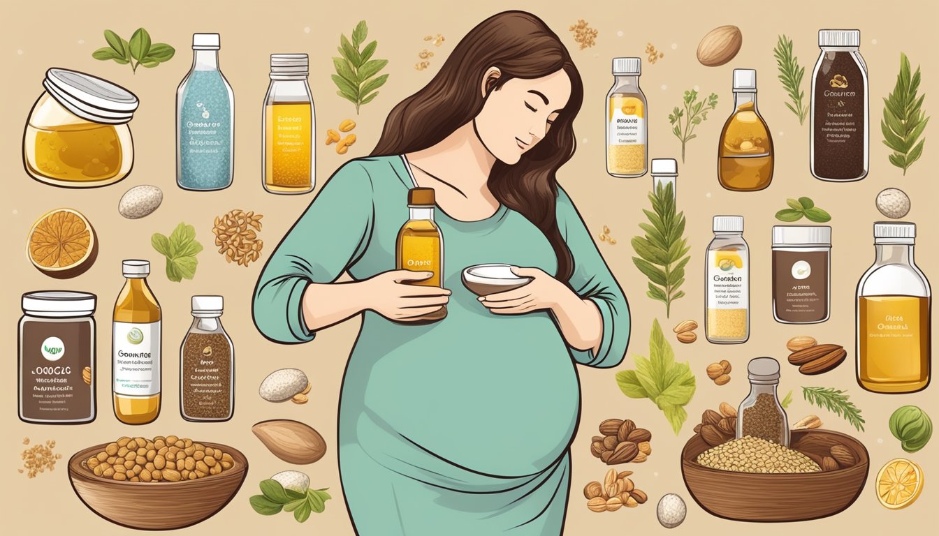 A pregnant woman holding a bottle of cod liver oil, surrounded by various alternative sources of omega-3 such as flaxseeds, walnuts, and chia seeds