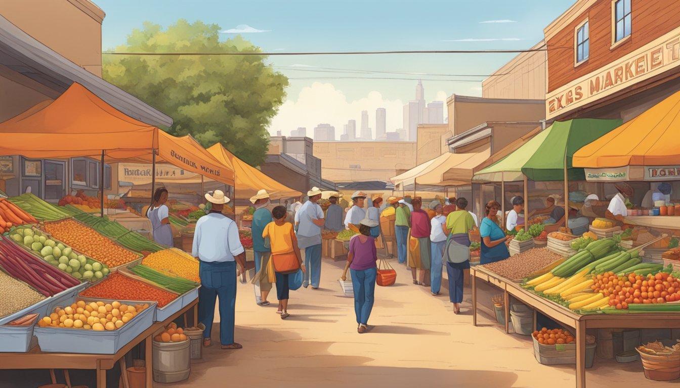 A bustling Texas Panhandle market filled with colorful produce, sizzling barbecue, and aromatic spices, reflecting the diverse cultural influences on the region's cuisine