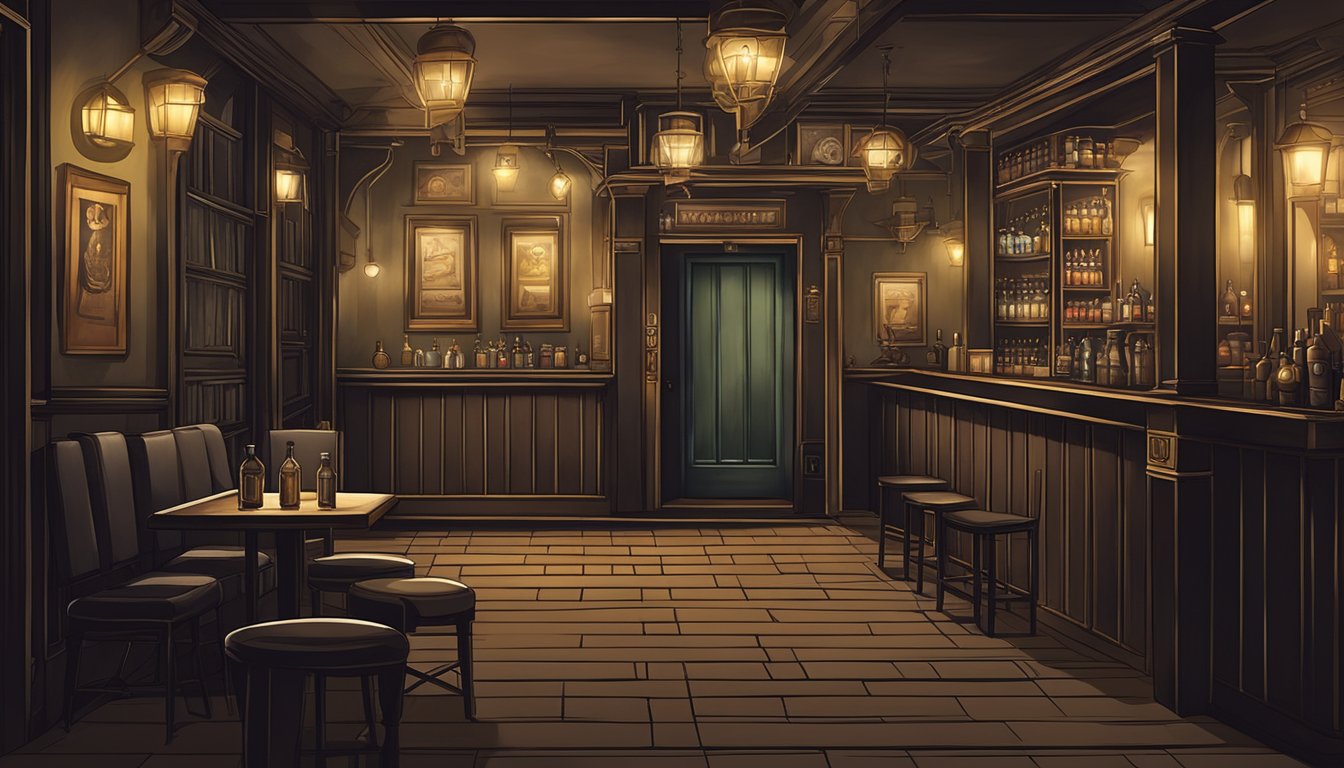 A dimly lit speakeasy with a hidden entrance, vintage decor, and a clandestine atmosphere