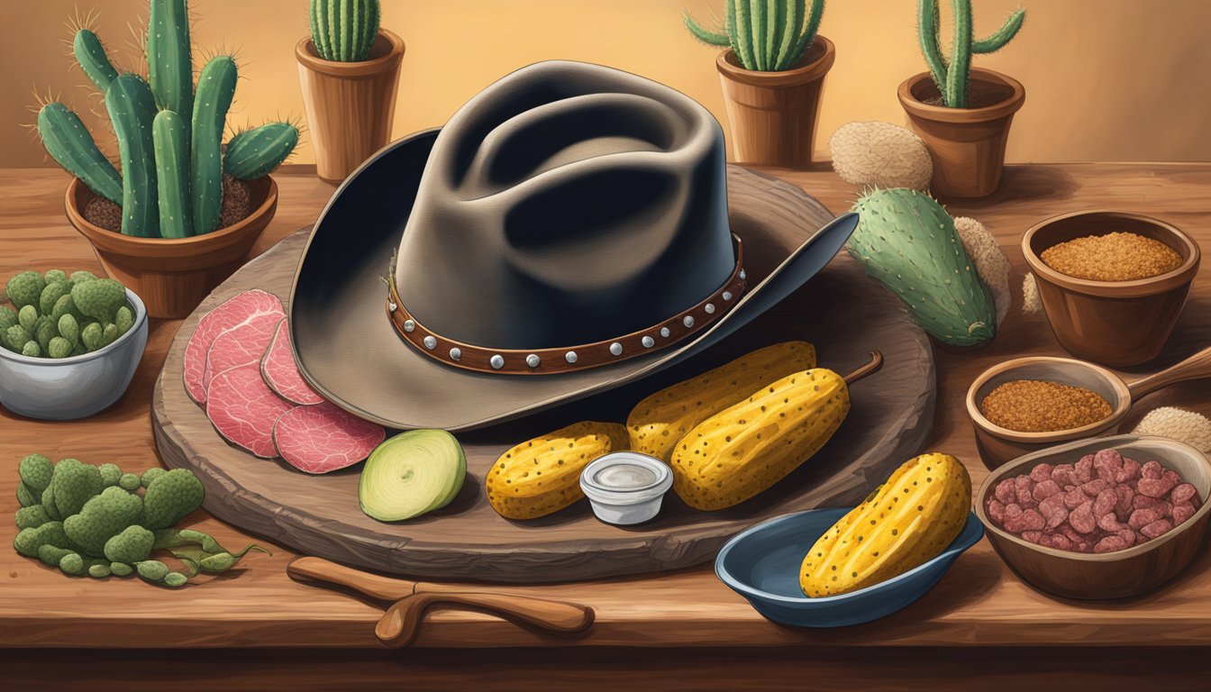 A cowboy hat sits atop a table, surrounded by a spread of unique Texas Panhandle ingredients like mesquite wood, prickly pear cactus, and buffalo meat