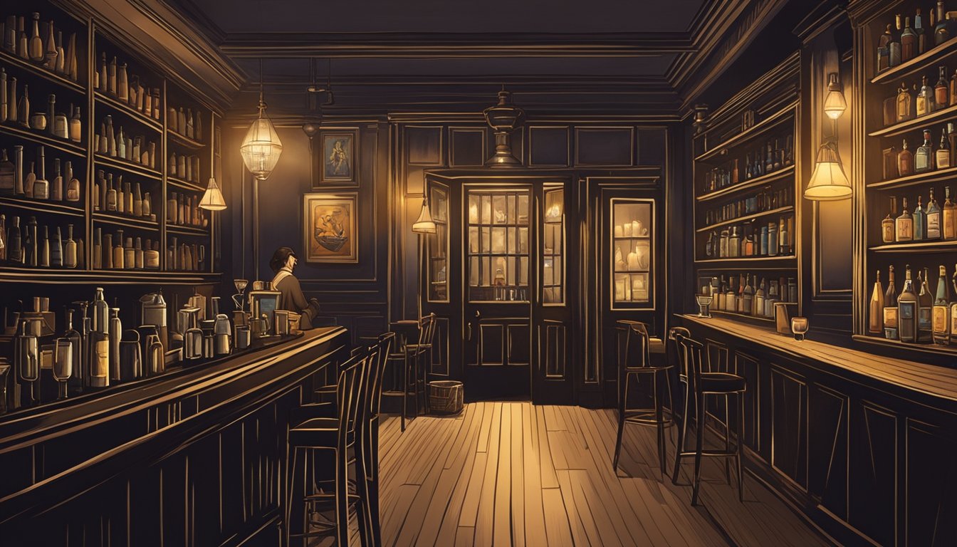 A dimly lit speakeasy with vintage decor and a hidden entrance behind a bookshelf, patrons enjoying craft cocktails in a clandestine atmosphere