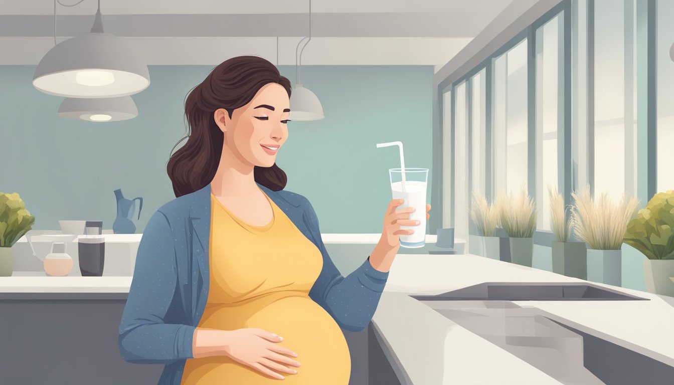 A pregnant woman holding a glass of unpasteurized milk with a question mark above her head