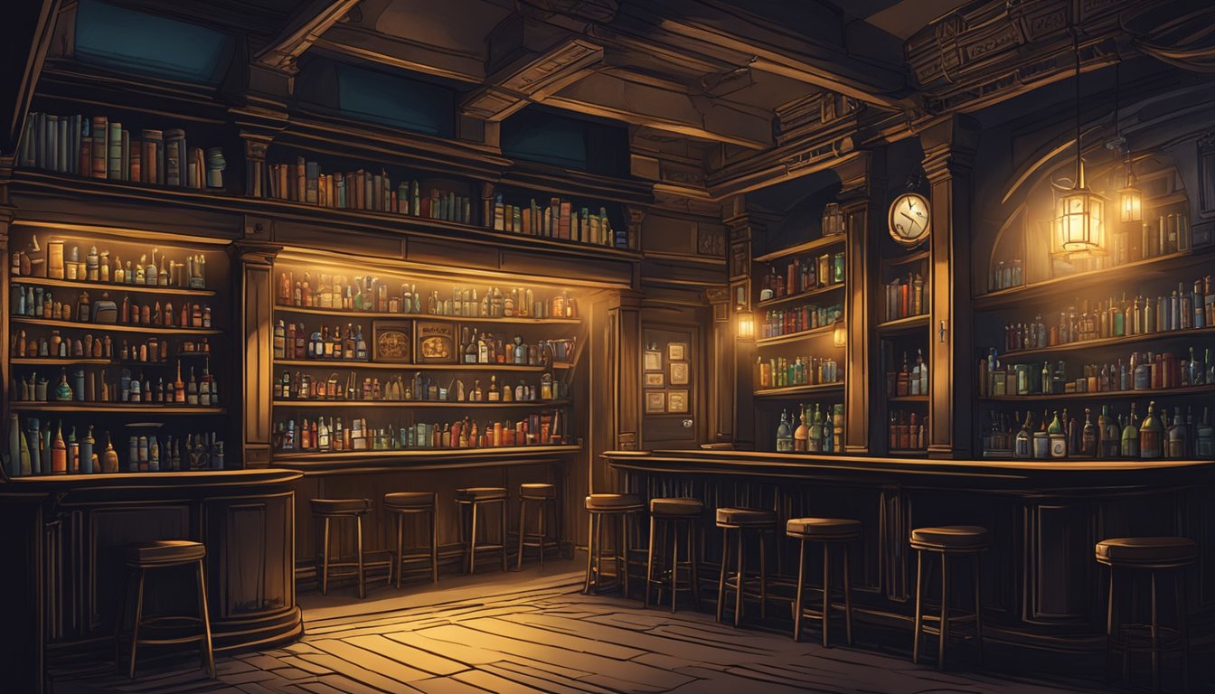 A dimly lit speakeasy bar with a hidden entrance in a bookstore, featuring a mysterious atmosphere and underworld-themed decor