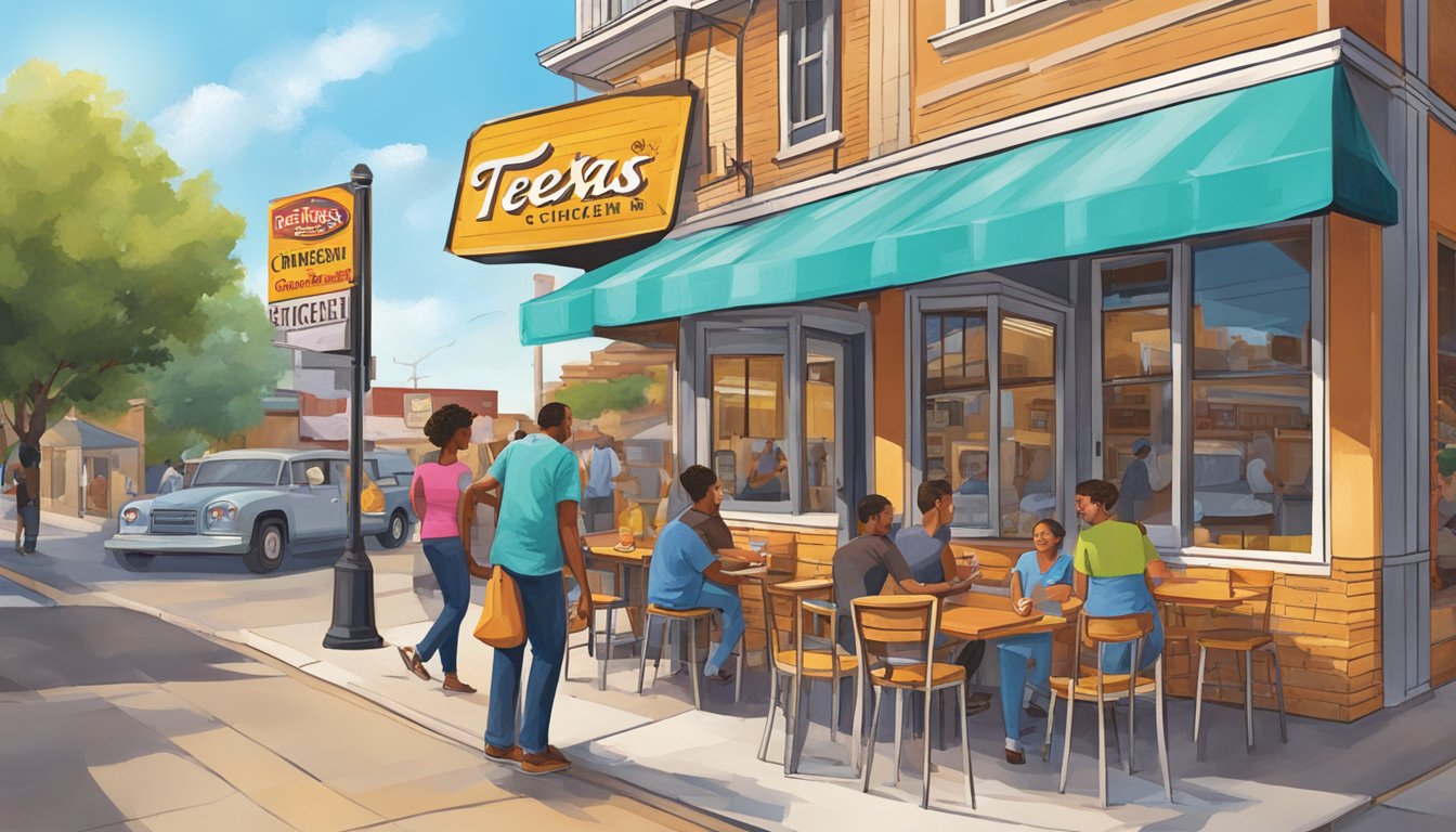 A bustling Texas street corner with a colorful sign and inviting storefront of Street's Fine Chicken, with people enjoying fried chicken