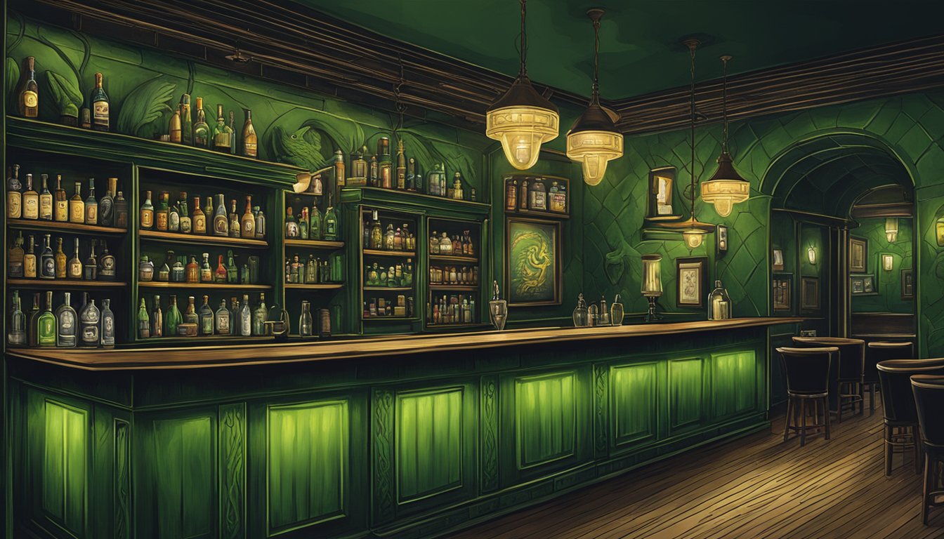 A dimly lit speakeasy bar with a green dragon motif, hidden in the depths of Texas, serving secret sips to its patrons