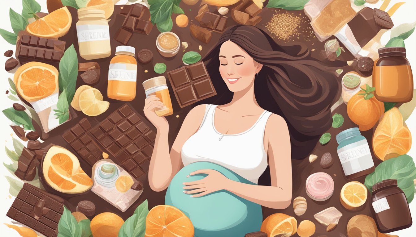 A serene pregnant woman enjoying a piece of dark chocolate while surrounded by a variety of pregnancy-safe ingredients and treatments