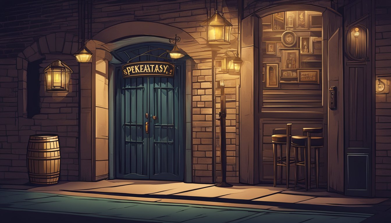 A dimly lit speakeasy entrance with a vintage sign and a secret door leading into an underground bar with a prohibition-era ambiance