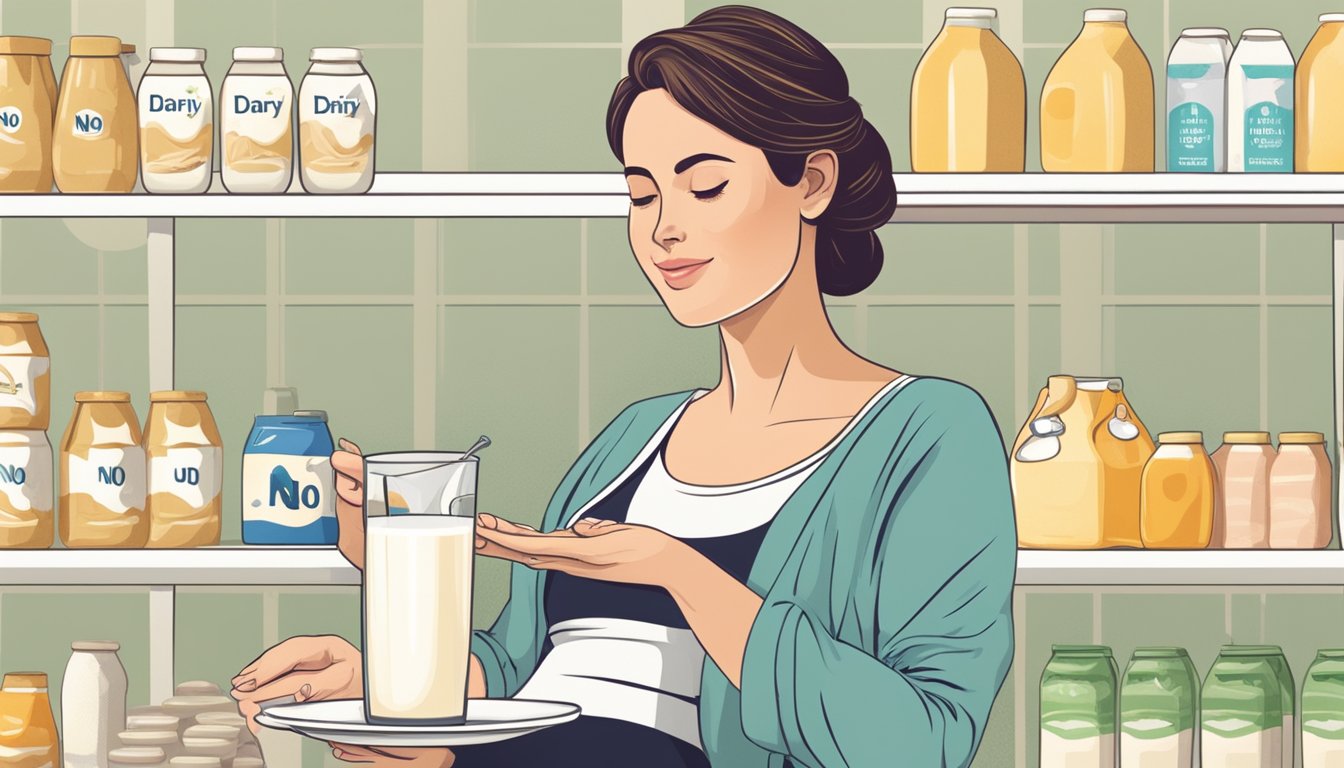 A pregnant woman with a glass of unpasteurized milk and a plate of unpasteurized dairy products, with a "no" symbol over them