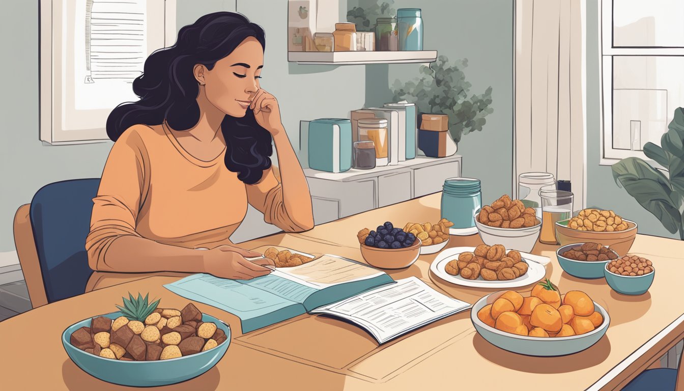 A pregnant woman sits at a table, surrounded by various healthy snacks and energy bars. She looks up at a nutrition guide while considering her options