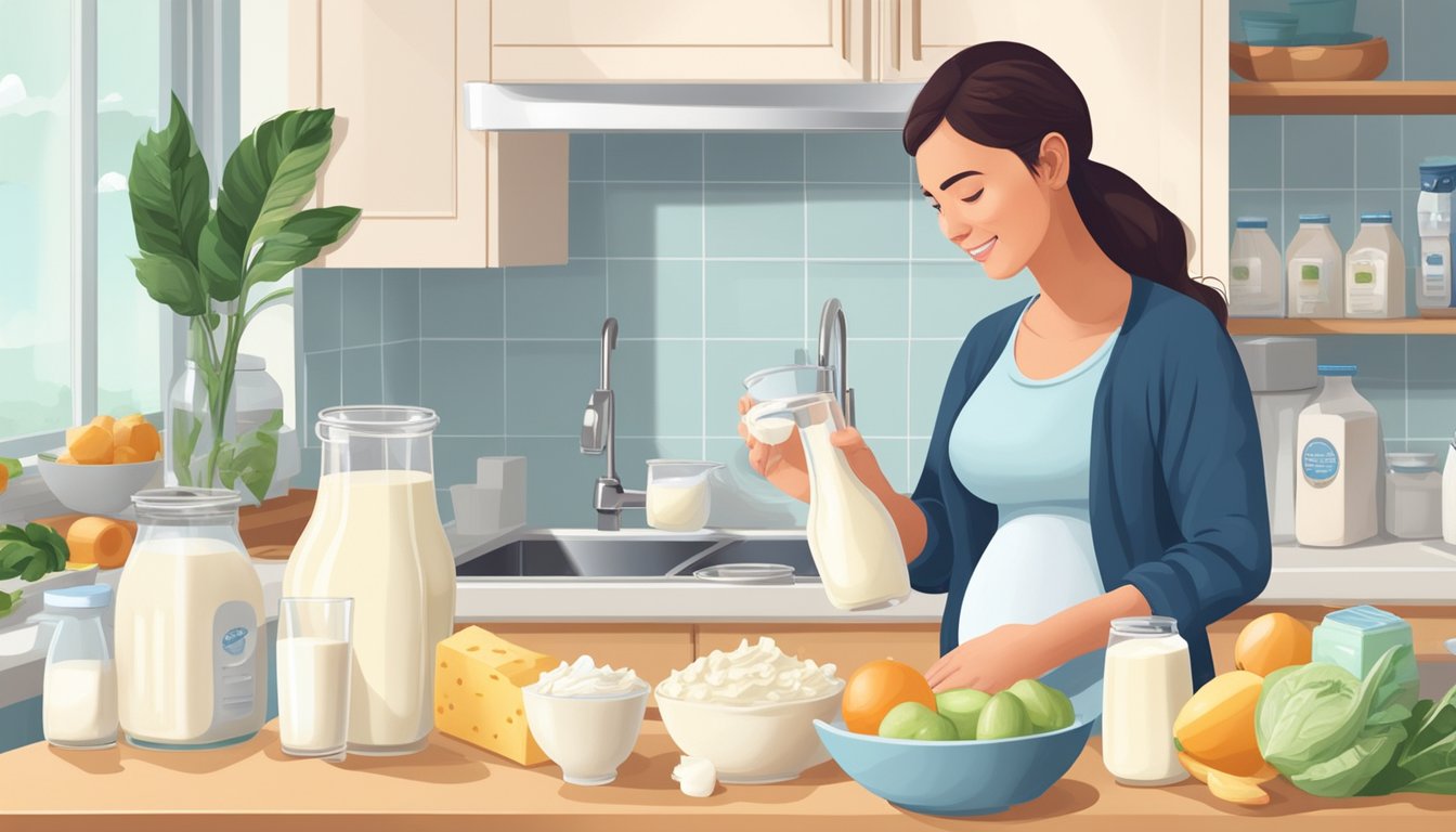 A pregnant woman pours a glass of unpasteurized milk while surrounded by various unpasteurized dairy products on a kitchen counter