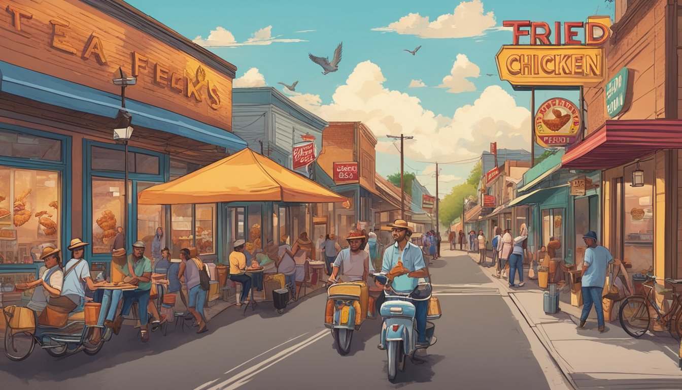 A bustling Texas street lined with colorful, vintage-style fried chicken joints, each with a unique sign and aroma wafting into the air