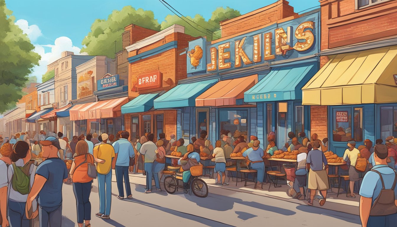 A bustling Texas street lined with colorful fried chicken joints, each with a unique sign and inviting aroma. People gather outside, eagerly waiting for their crispy, flavorful meals