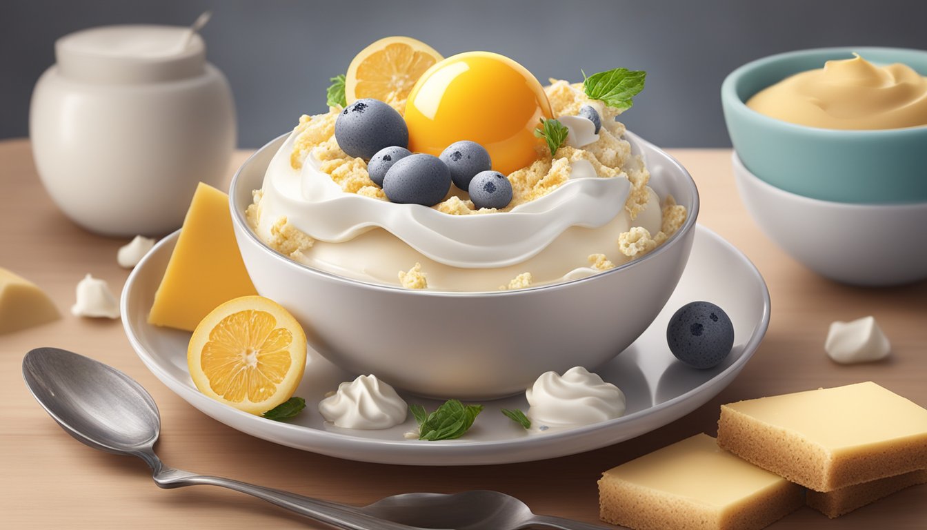 A bowl of mousse surrounded by ingredients like eggs, sugar, and cream