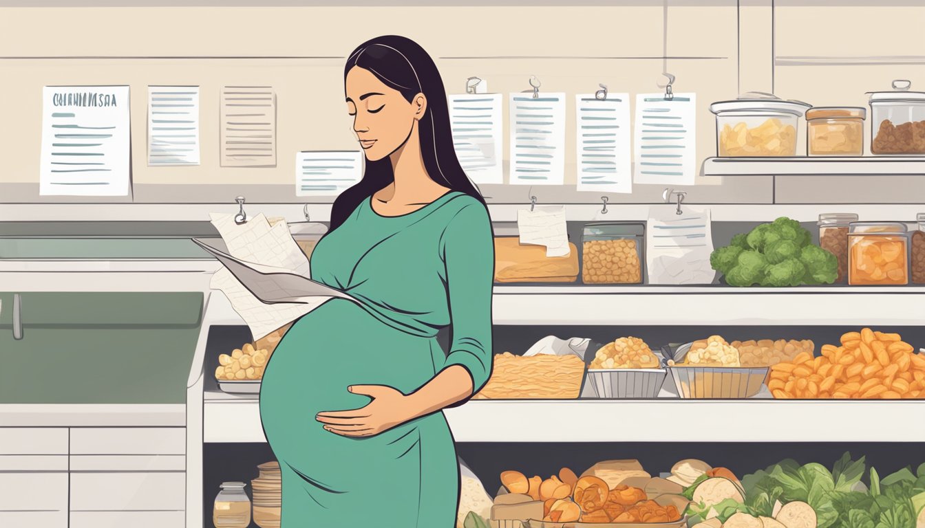 A pregnant woman looking at a list of foods to avoid, with a block of feta cheese crossed out