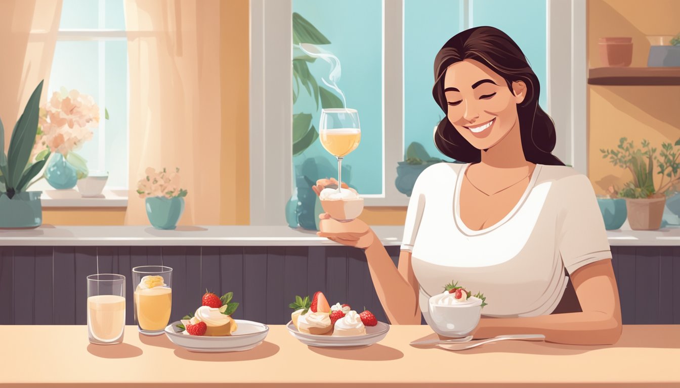 A pregnant woman sitting at a table, enjoying a serving of mousse with a contented smile on her face. The focus is on the dessert, with a glass of water nearby