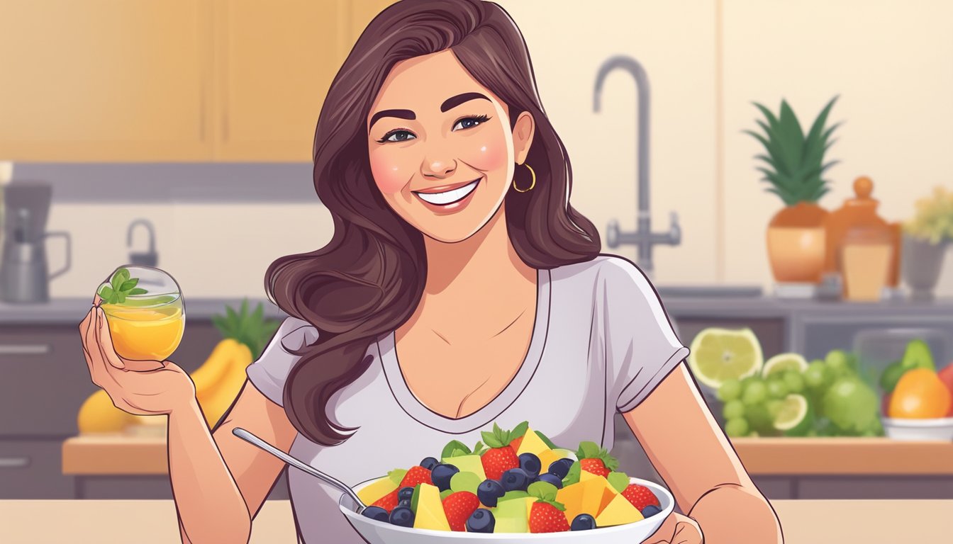 A pregnant woman happily indulging in a bowl of fruit salad instead of traditional mousse, with a content smile on her face