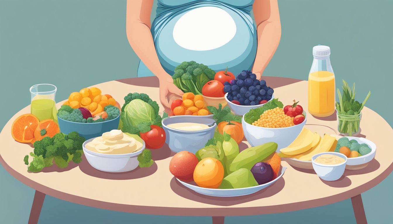 A pregnant woman sitting at a table with a variety of nutritious foods, including fruits, vegetables, dairy products, and lean proteins. A small dish of mousse is placed on the table