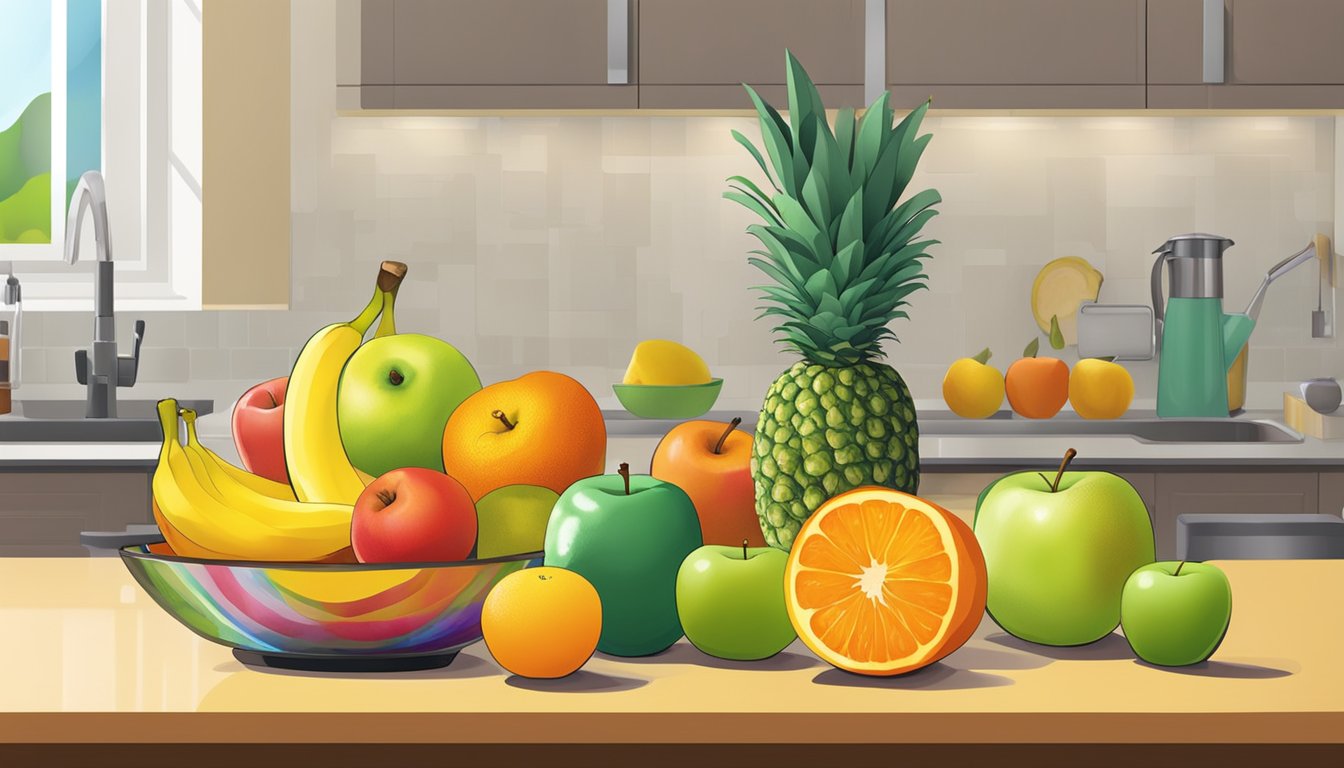 A colorful array of fresh fruits, such as apples, bananas, and oranges, arranged in a vibrant bowl on a kitchen counter