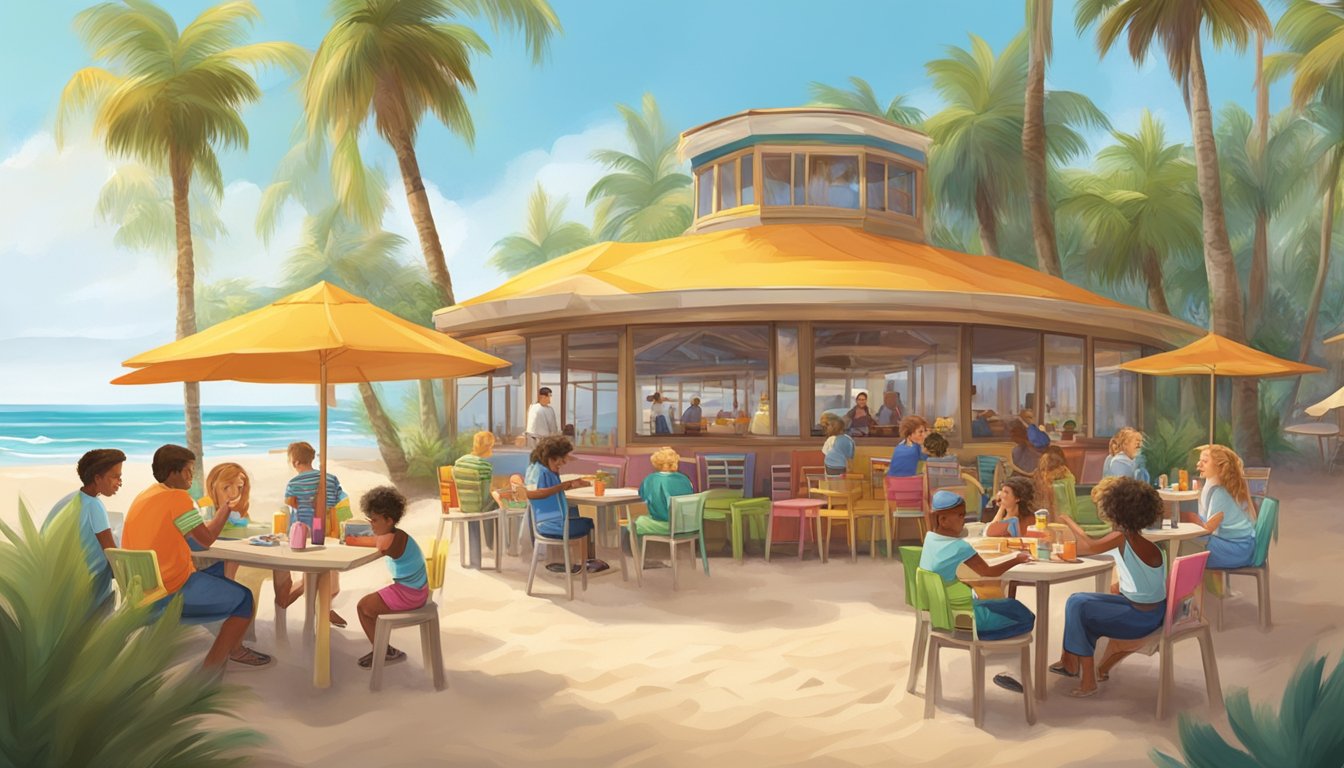 A colorful beachfront restaurant with outdoor seating, surrounded by palm trees and children playing in the sand