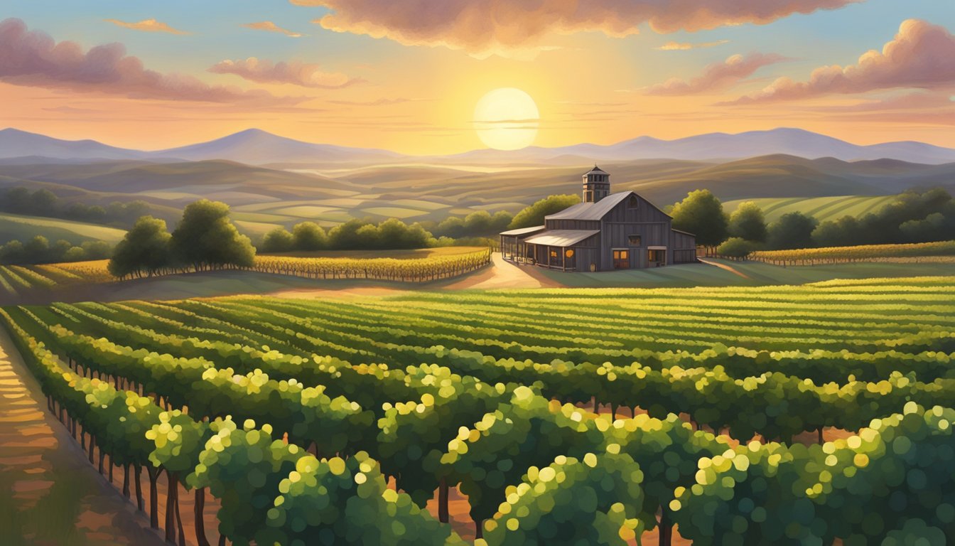 Rolling hills of vineyards surround a rustic winery nestled in the Texas countryside. The sun sets over the horizon, casting a warm glow on the rows of grapevines